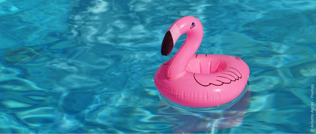 Flamingo-Schwimmtier in einem Swimmingpool